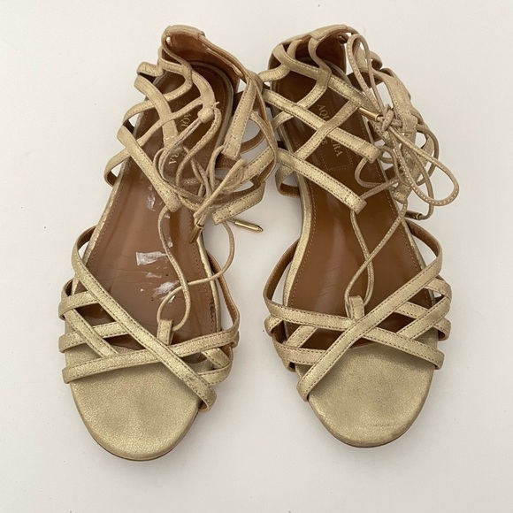 Aquazzura Gold Metallic Leather Lace Up Lattice Gladiator Flat Sandal 5.5 - Picture 3 of 7